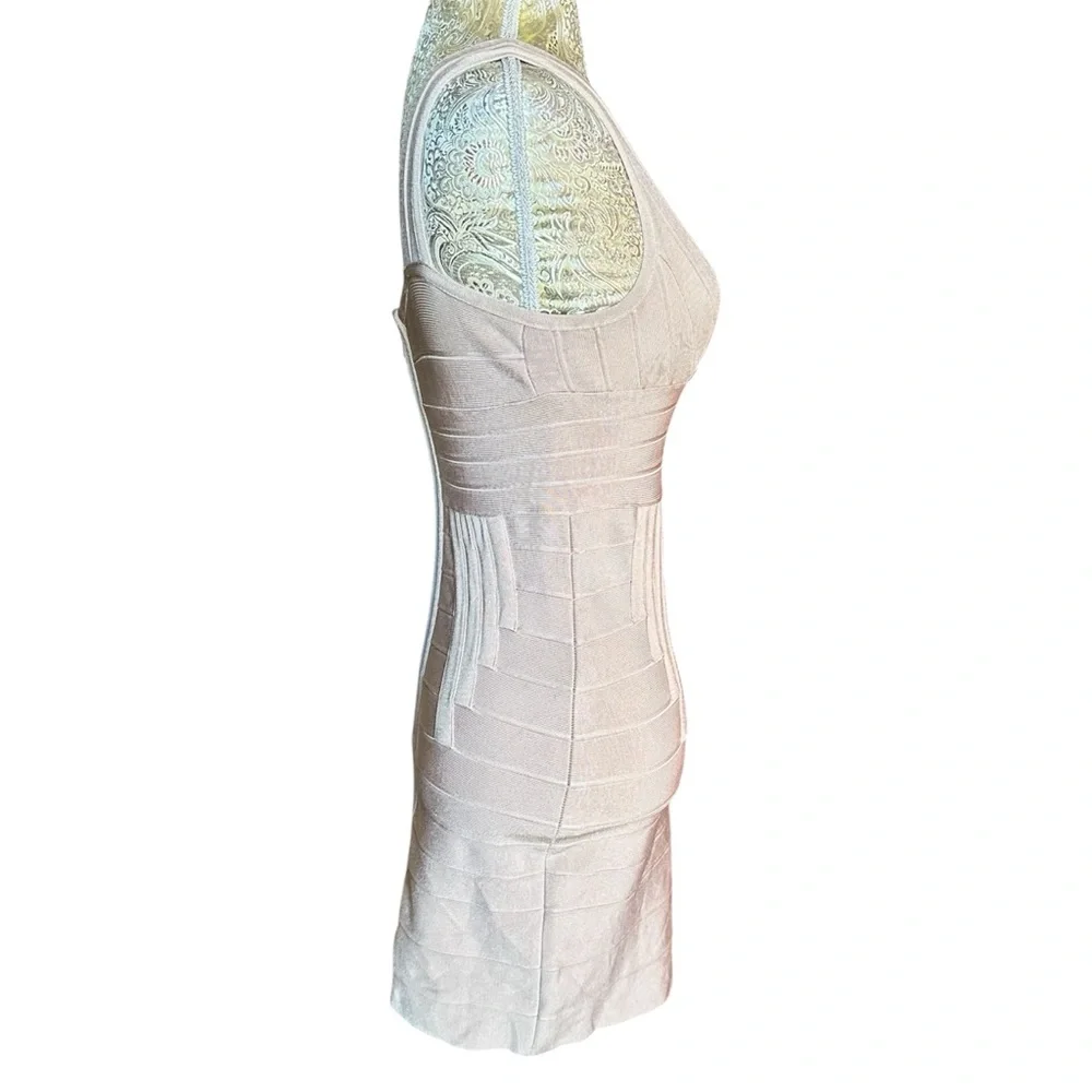 Sexy Stretch Beige Cream Heavy Bandage Mini Dress Plunge Neck Club Size Large - Picture 2 of 10